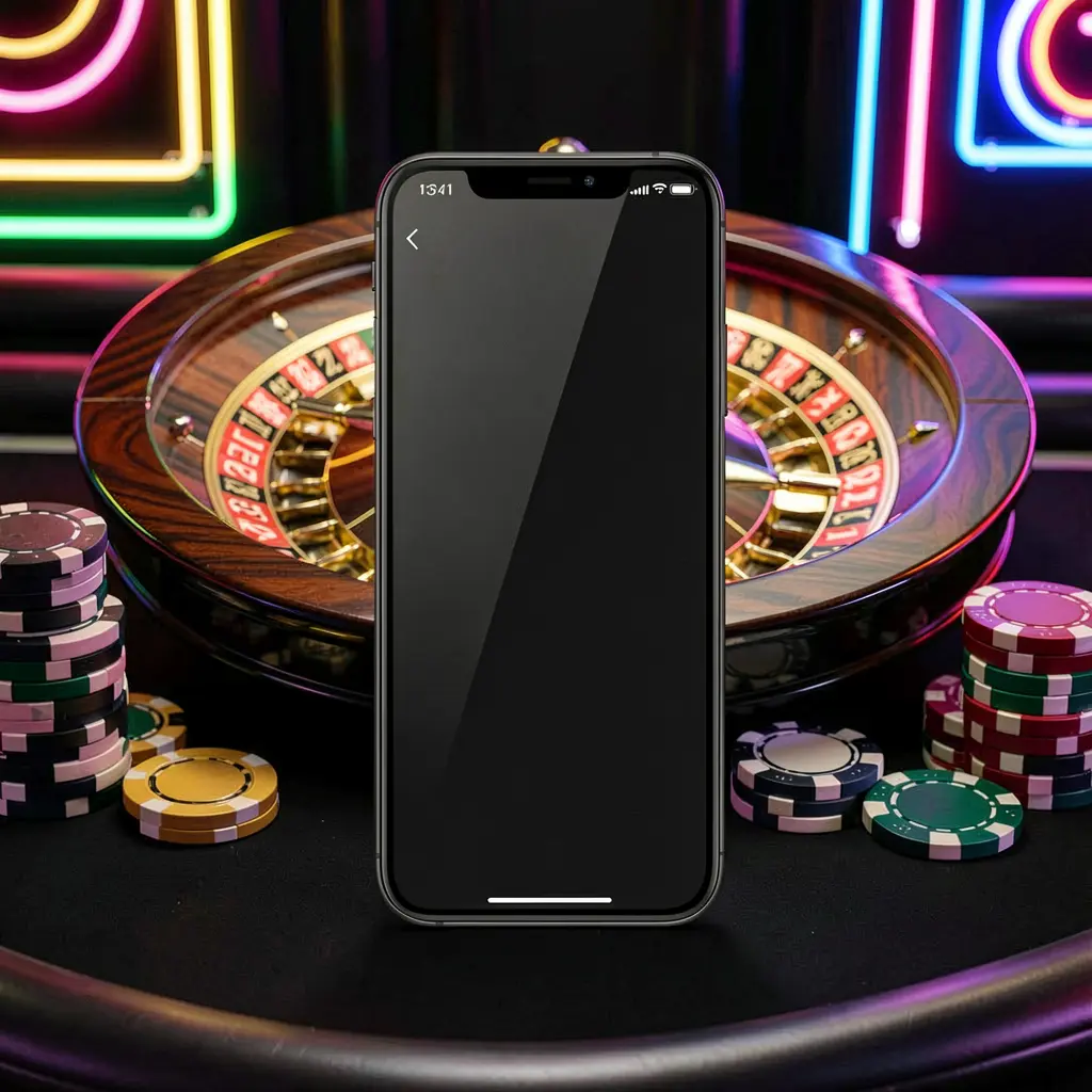 G0444 mobile casino application scene featuring a phone in the center with a roulette wheel and poker chips in the background, illuminated by glowing neon lights in a premium black and gold style