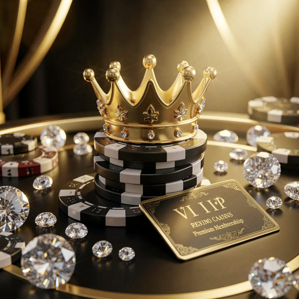 Elegant golden crown placed on top of poker chips with sparkling diamonds and a premium membership card against a luxury black and gold background, showcasing the exclusive high-end casino atmosphere of G0444 VIP casino rewards
