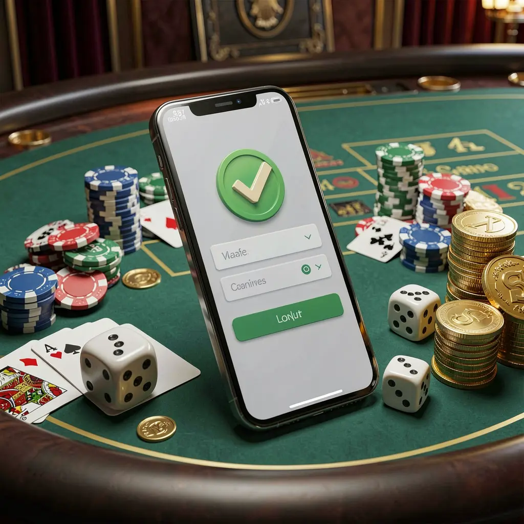 G0444 safe casino login concept showing a smartphone with a verification checkmark icon surrounded by chips, cards, dice, and golden coins on an elegant luxury casino table in a 3D realistic render