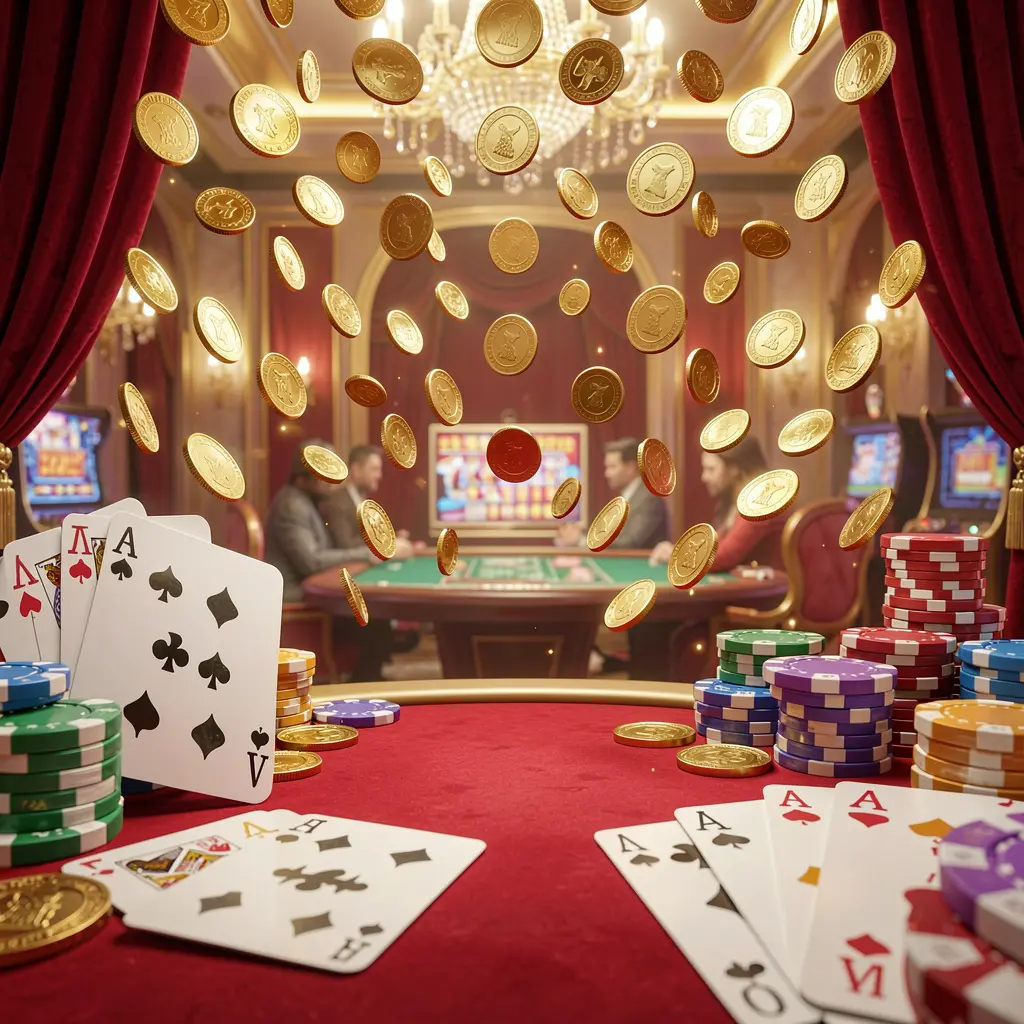 G0444 online gaming platform homepage banner featuring bright casino lights, golden coins raining, poker chips and playing cards in the foreground with a luxury red and gold atmosphere in a high detail 3D render